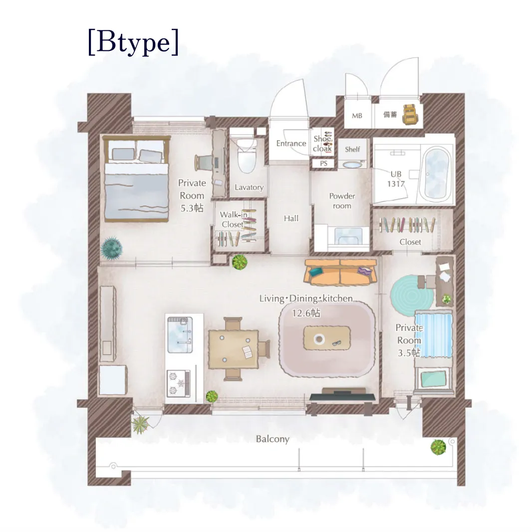 全6タイプ50m²台。バルコニーは8.0m超のワイドスパン設計